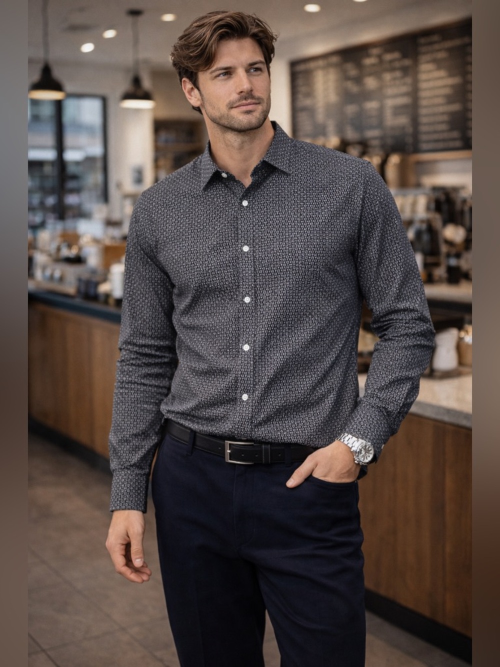 Michael Kors Olive and White Patterned Shirt